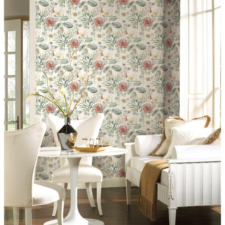 Coral and Green Floral Pre-pasted Removable Wallpaper Roll