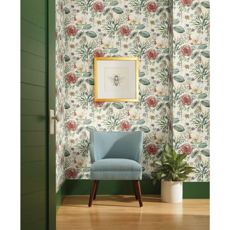Coral and Green Floral Pre-pasted Removable Wallpaper Roll