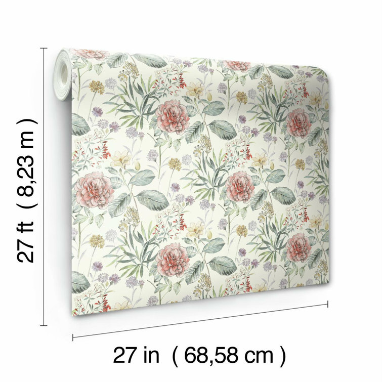 Coral and Green Floral Pre-pasted Removable Wallpaper Roll