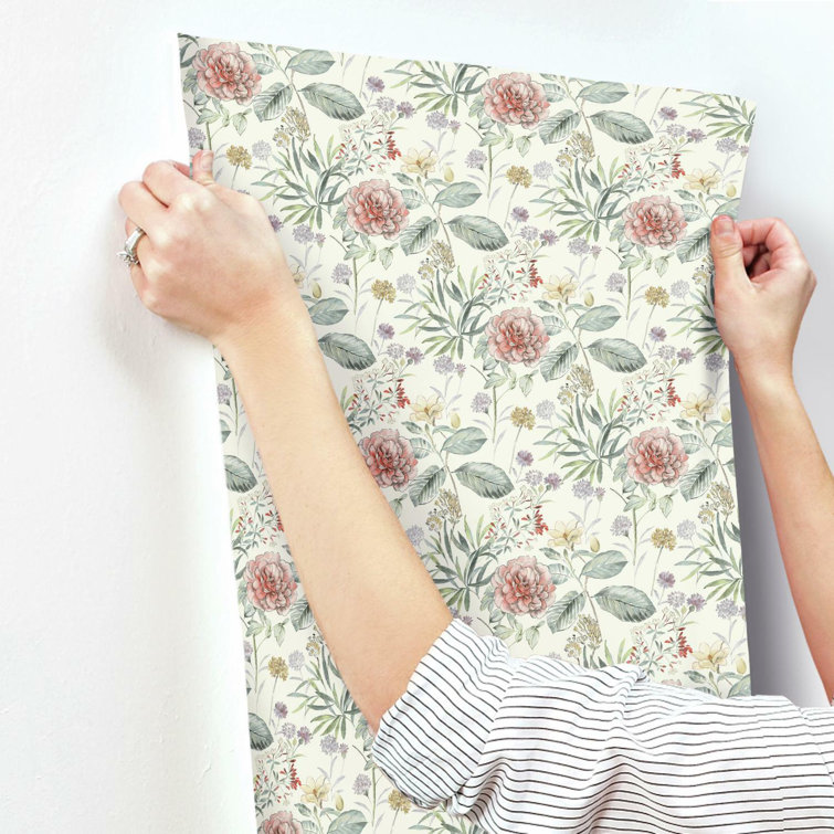 Coral and Green Floral Pre-pasted Removable Wallpaper Roll