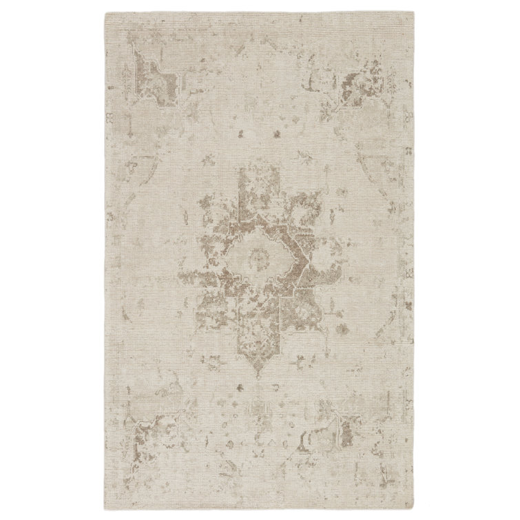 Ivory Hand-Knotted Viscose Medallion Rug, 10' x 14'