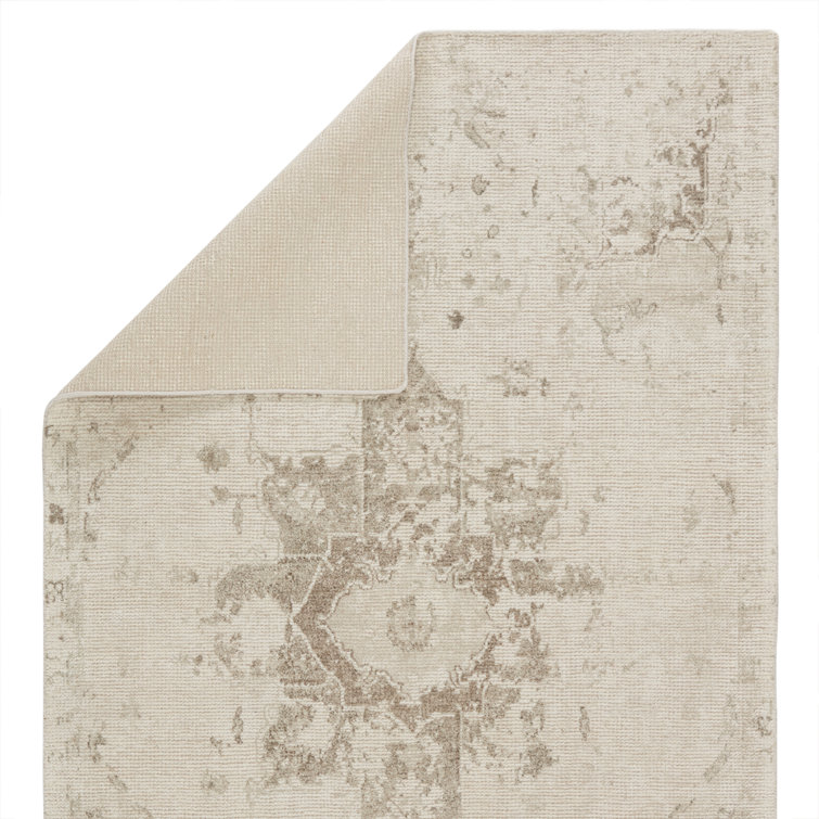 Ivory Hand-Knotted Viscose Medallion Rug, 10' x 14'