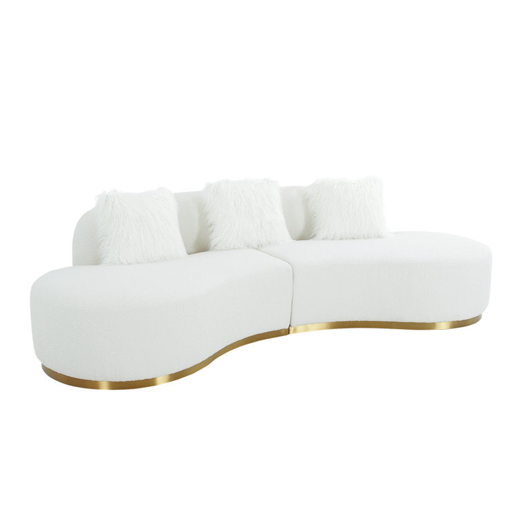 Ivory Elegance Curved 3-Piece Sofa with Gold Legs & Accent Pillows