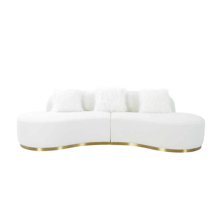 Ivory Elegance Curved 3-Piece Sofa with Gold Legs & Accent Pillows
