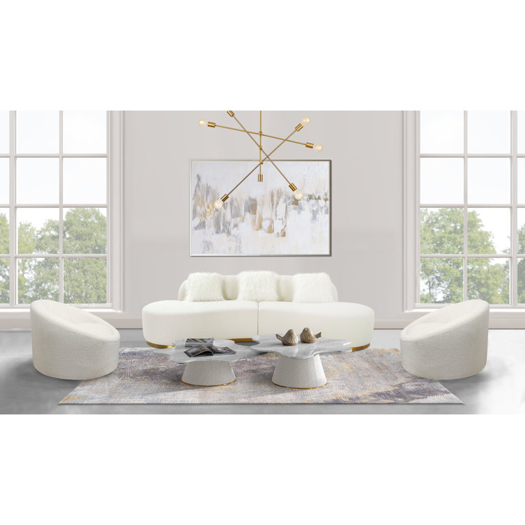 Ivory Elegance Curved 3-Piece Sofa with Gold Legs & Accent Pillows