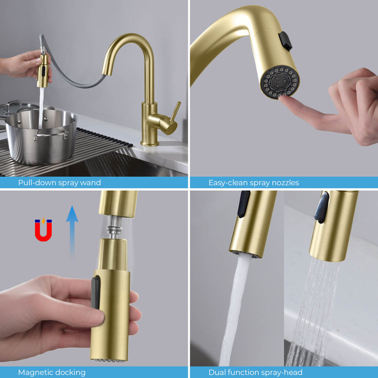 Brushed Gold Solid Brass Pull Down Kitchen Faucet with Soap Dispenser