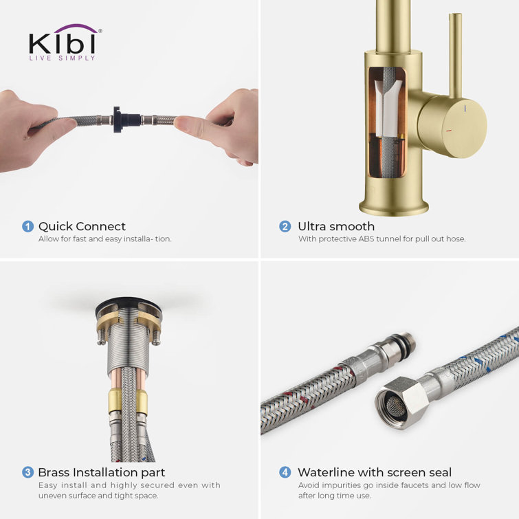 Brushed Gold Solid Brass Pull Down Kitchen Faucet with Soap Dispenser