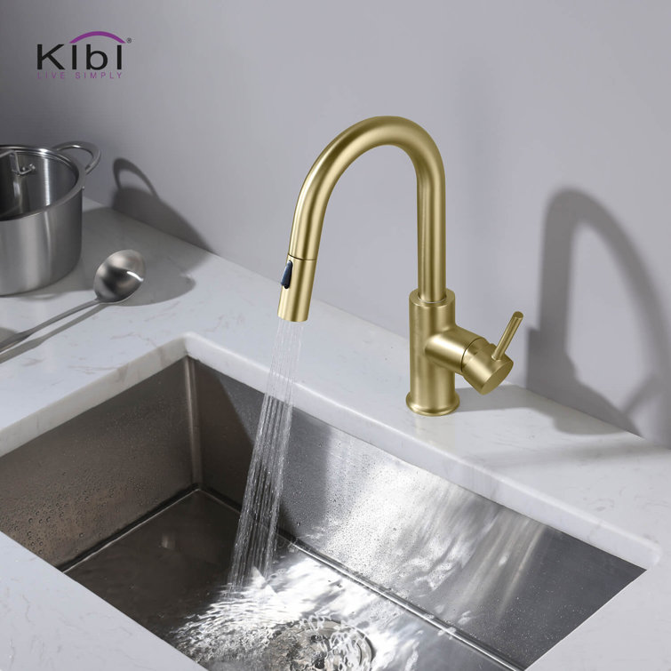 Brushed Gold Solid Brass Pull Down Kitchen Faucet with Soap Dispenser