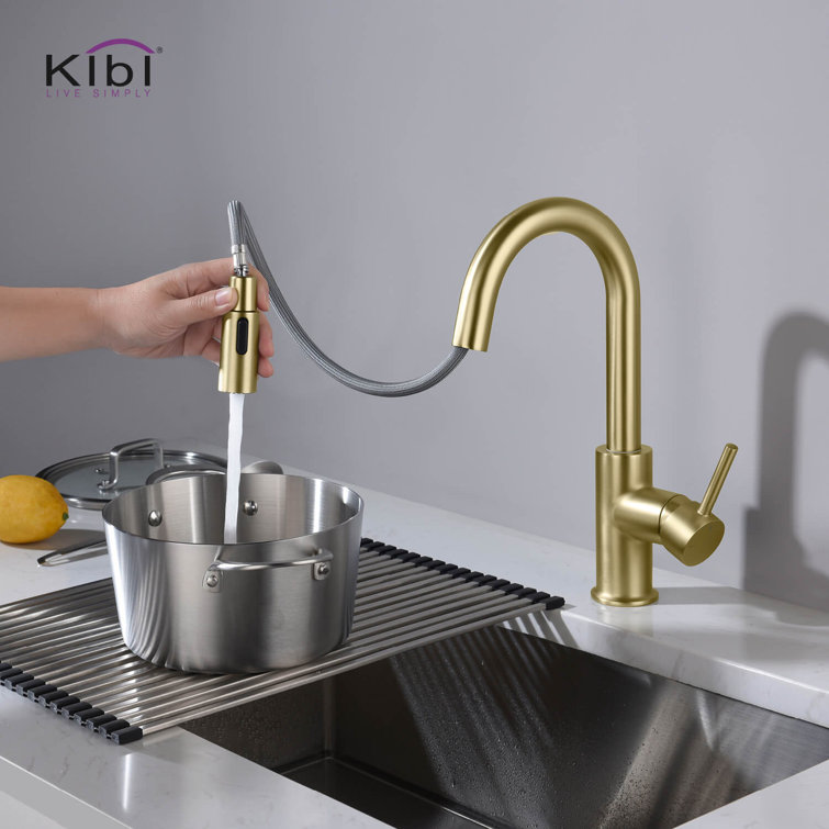 Brushed Gold Solid Brass Pull Down Kitchen Faucet with Soap Dispenser