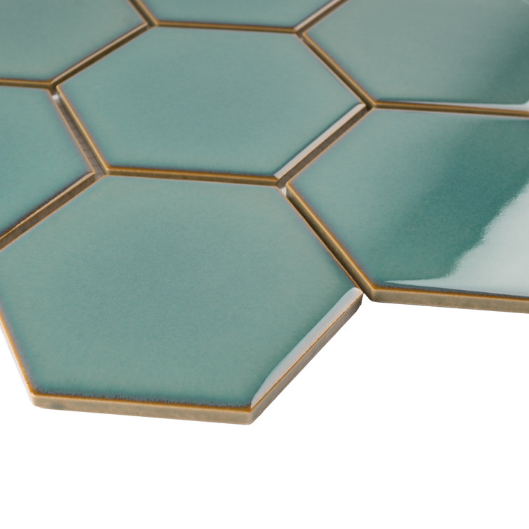 Green Hexagon Satin Porcelain Mosaic Tile Sheet