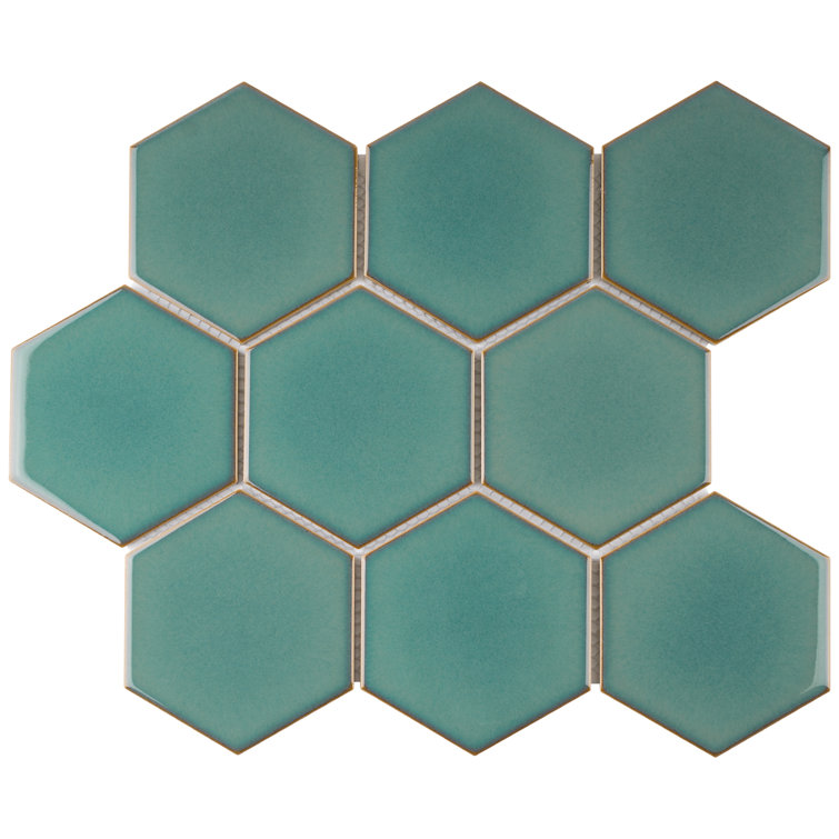 Green Hexagon Satin Porcelain Mosaic Tile Sheet