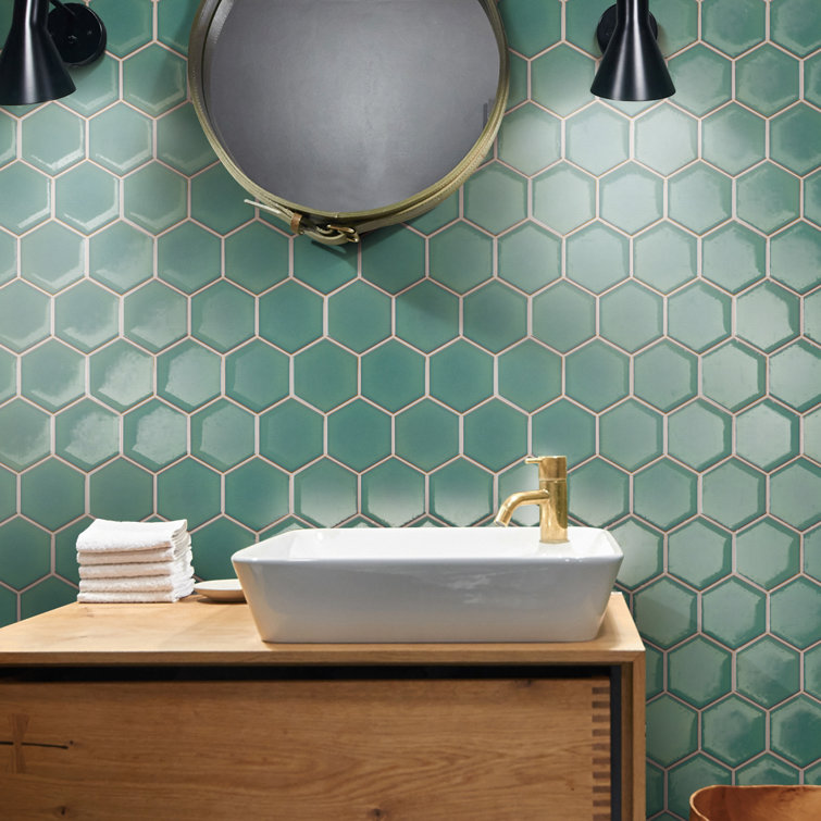 Green Hexagon Satin Porcelain Mosaic Tile Sheet