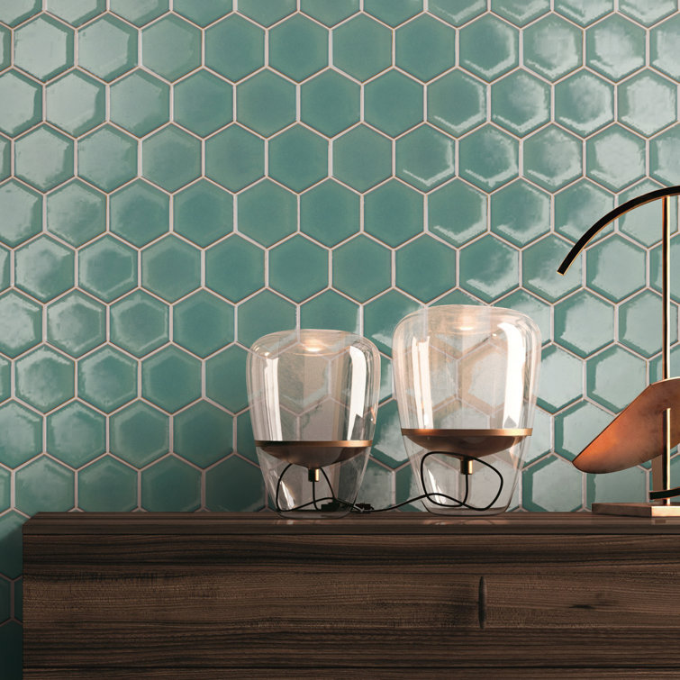 Green Hexagon Satin Porcelain Mosaic Tile Sheet