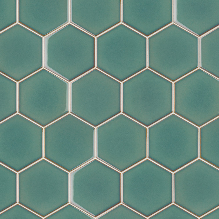 Green Hexagon Satin Porcelain Mosaic Tile Sheet
