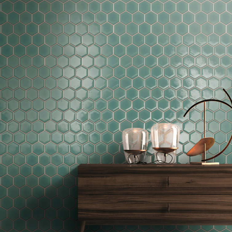 Green Hexagon Satin Porcelain Mosaic Tile Sheet