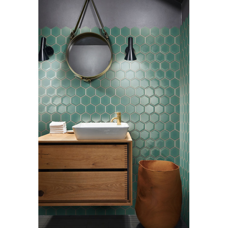 Green Hexagon Satin Porcelain Mosaic Tile Sheet