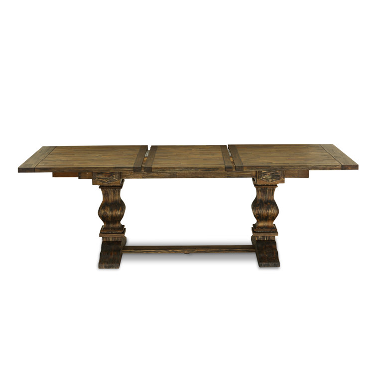 Distressed Jacobean 92" Wood Dining Set with 8 Beige Linen Chairs