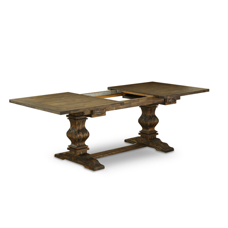 Distressed Jacobean Solid Wood Dining Set with Blue Upholstered Chairs