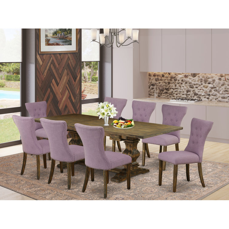 Distressed Jacobean Wood Dining Set with Dahlia Linen Chairs