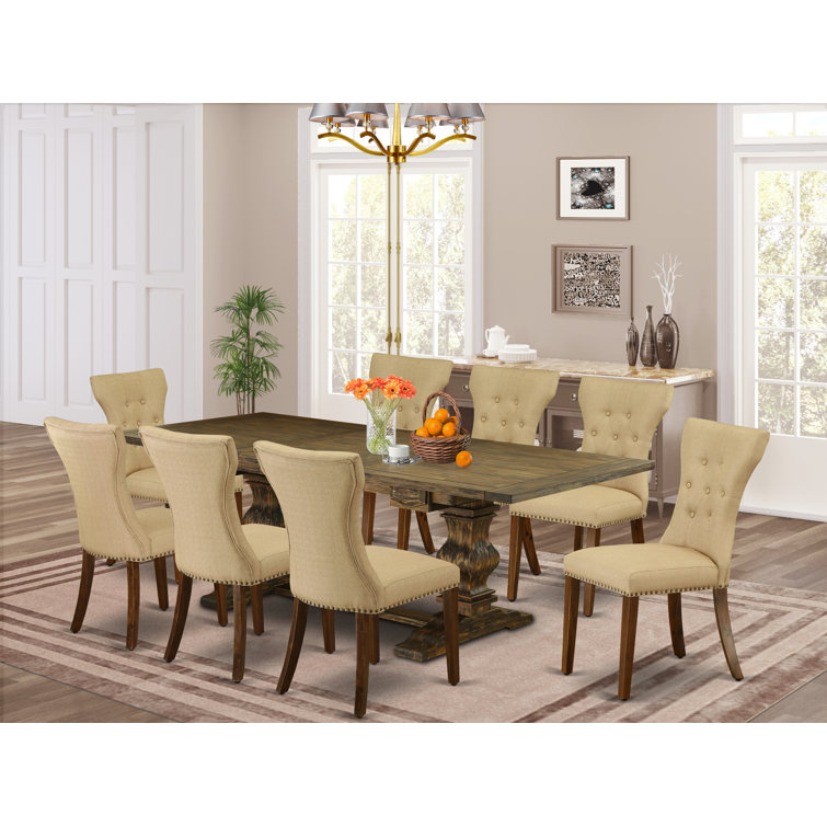 Distressed Jacobean 92" Wood Dining Set with 8 Beige Linen Chairs