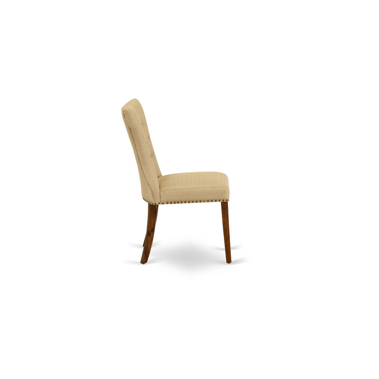 Distressed Jacobean 92" Wood Dining Set with 8 Beige Linen Chairs