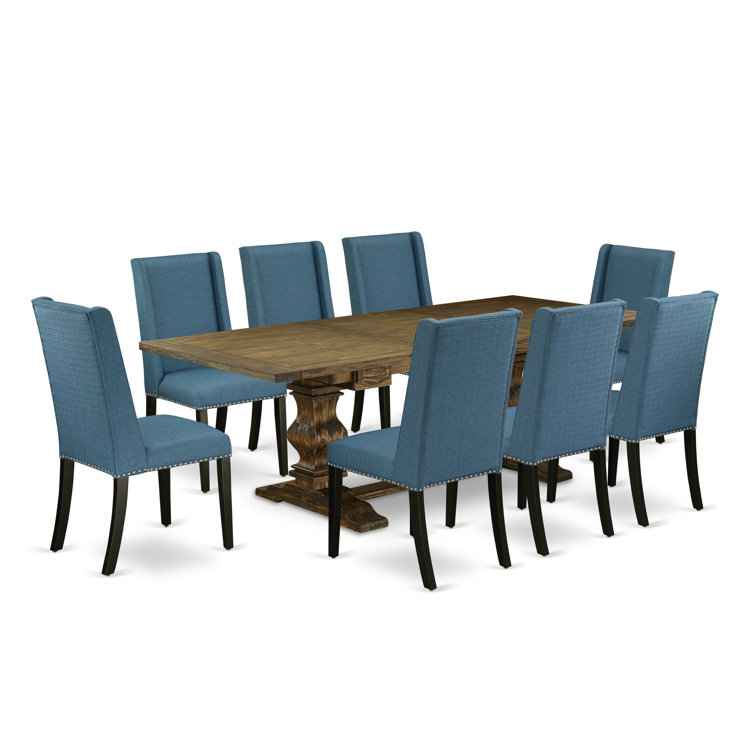 Distressed Jacobean Solid Wood Dining Set with Blue Upholstered Chairs