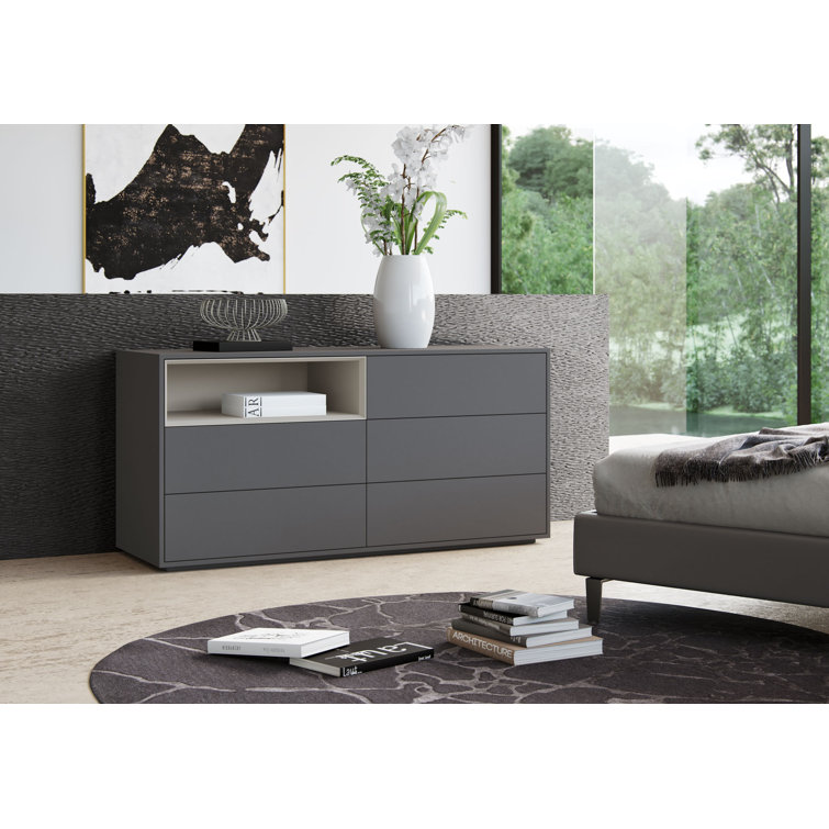 Dark Gull Gray Double 5-Drawer Dresser with Accent Compartment