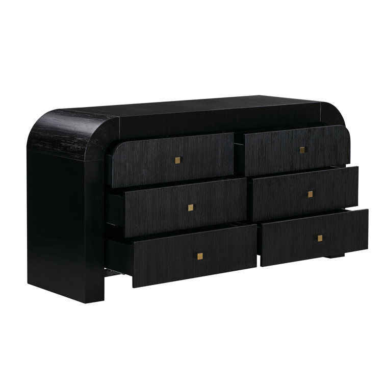 Modern Acacia and Black MDF 6-Drawer Dresser with Soft Close