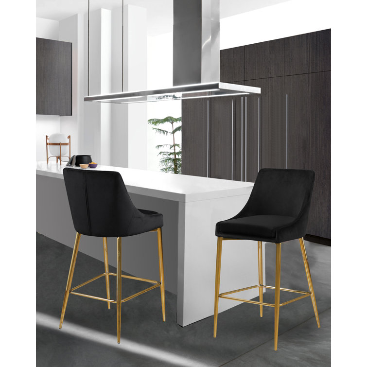 Contemporary Black Velvet Counter Stool with Polished Gold Metal Legs