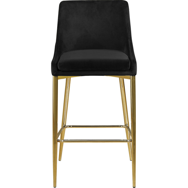 Contemporary Black Velvet Counter Stool with Polished Gold Metal Legs