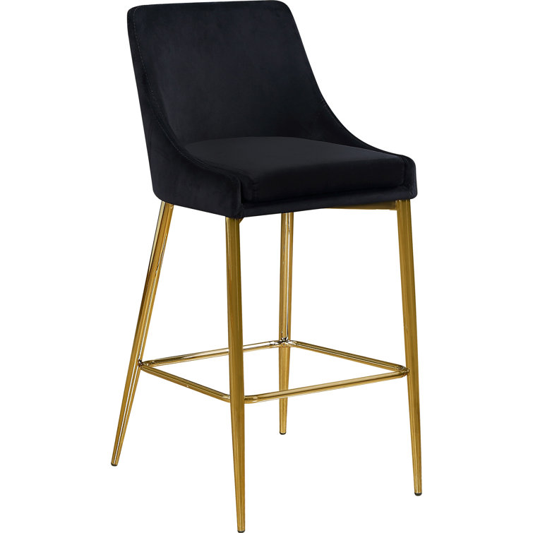 Contemporary Black Velvet Counter Stool with Polished Gold Metal Legs
