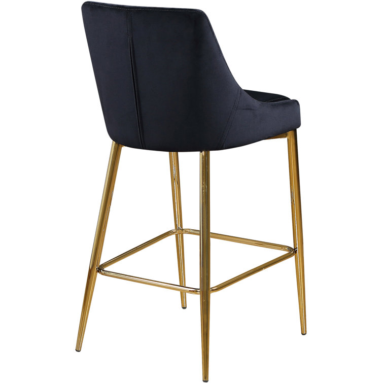Contemporary Black Velvet Counter Stool with Polished Gold Metal Legs