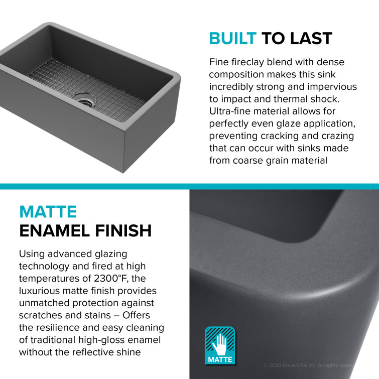 Matte Gray 33" Fireclay Farmhouse Single Bowl Kitchen Sink