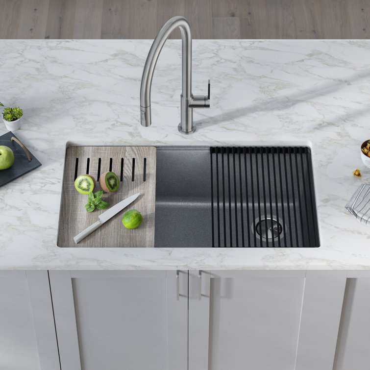 Metallic Gray Quartz Composite Single Bowl Drop-In Kitchen Sink