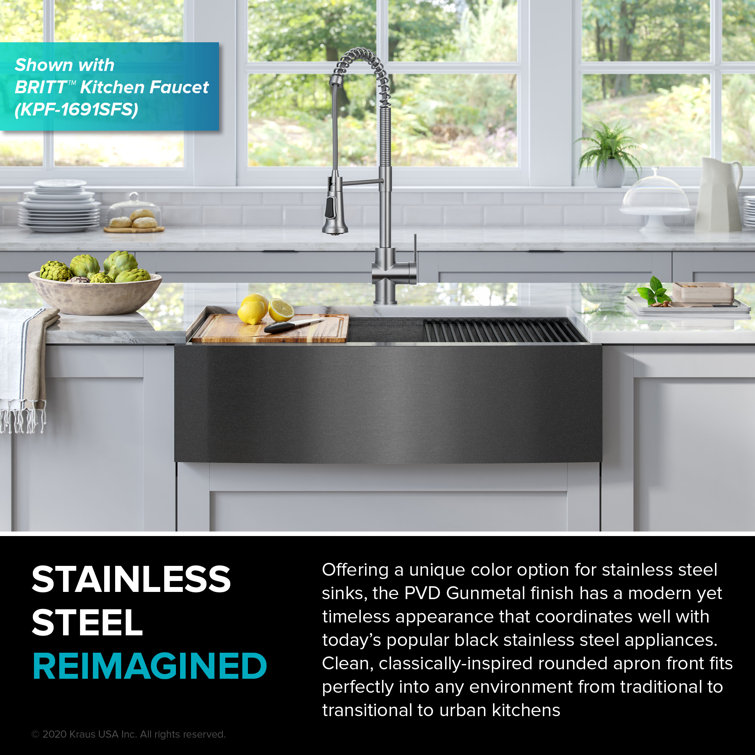 Kore 33" Gunmetal Stainless Steel Farmhouse Sink with Accessories