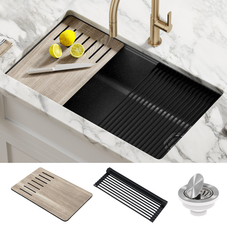 Metallic Black Quartz Composite Single Bowl Drop-in Kitchen Sink