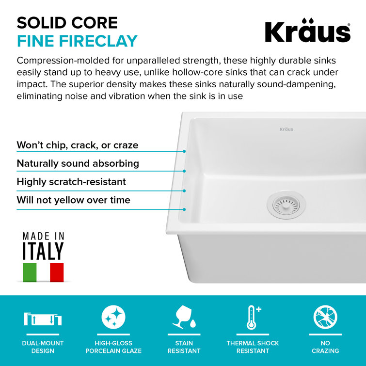 Turino 24" Gloss White Fireclay Drop-In Single Bowl Sink