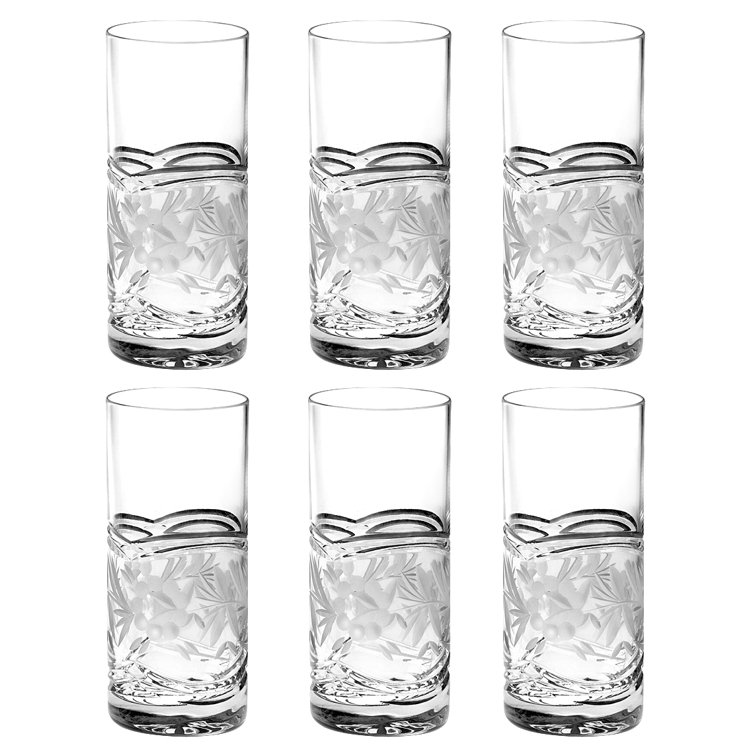 Floral Etched Clear Crystal 16oz Highball Glass Set of 6