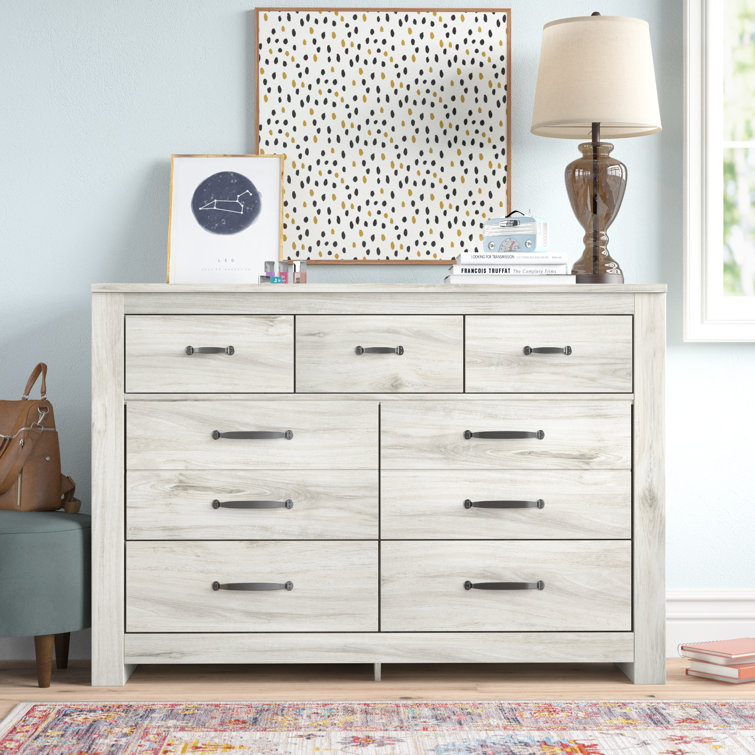 Transitional Farmhouse 7-Drawer Dresser with Mirror in White