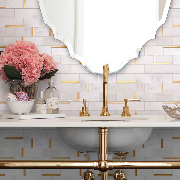 Gold and White Marble Brick Mosaic Wall Tile Sheet