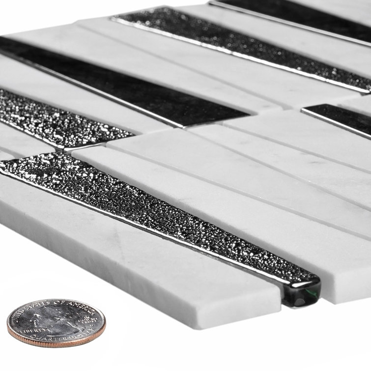 12" x 12" White and Black Polished Glass Mosaic Tile
