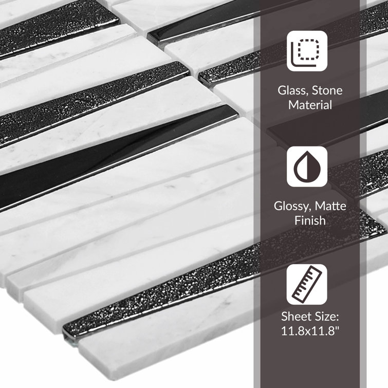 12" x 12" White and Black Polished Glass Mosaic Tile