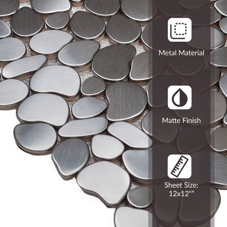 12" x 12" Platinum Polished Stainless Steel Pebble Mosaic Tile