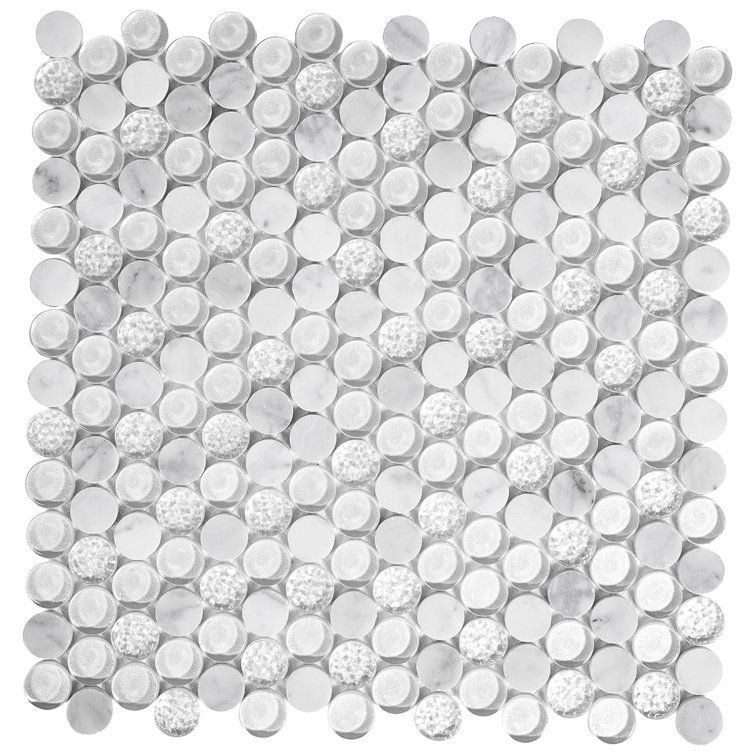 12" x 12" White Marble and Glass Penny Round Mosaic Tile