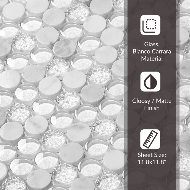 12" x 12" White Marble and Glass Penny Round Mosaic Tile