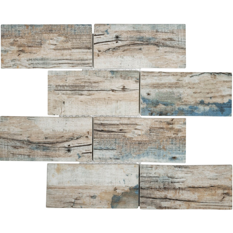11.5" x 11.5" Beige and Blue Glass Brick Mosaic Tile