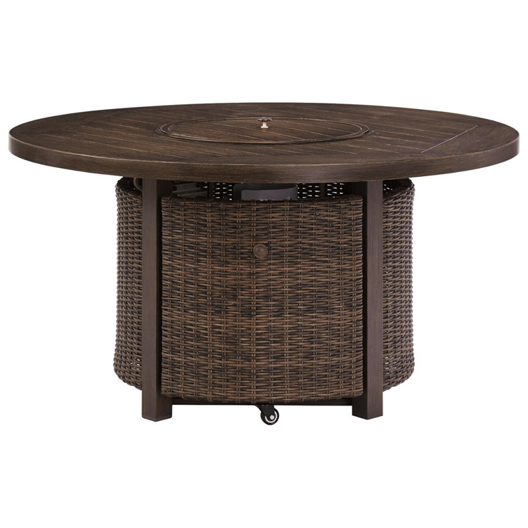Brown Round Aluminum and Wicker Gas Fire Pit Table