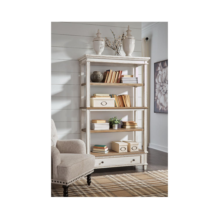 Chipped White & Distressed Wood Rustic Bookcase with Drawer