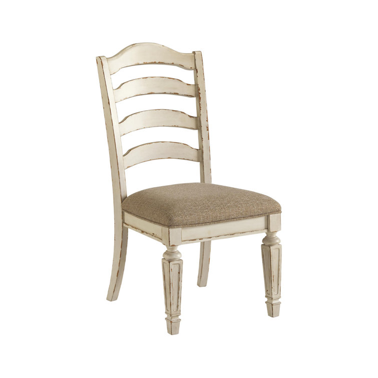 Rustic White Ladderback Upholstered Side Chair in Wood