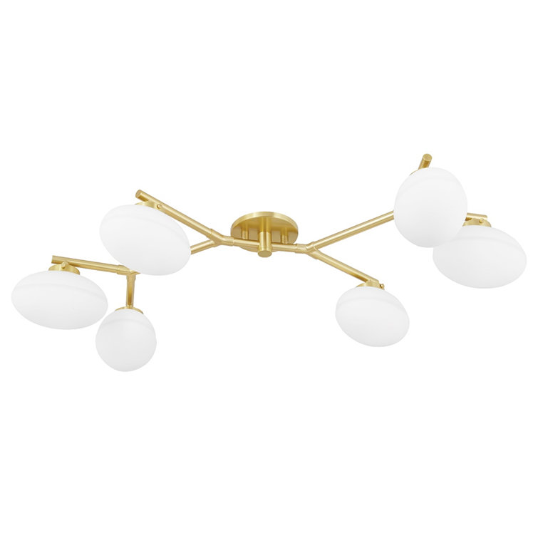 Aged Brass 6-Light Semi-Flush Globe Chandelier with Opal Glass Shades